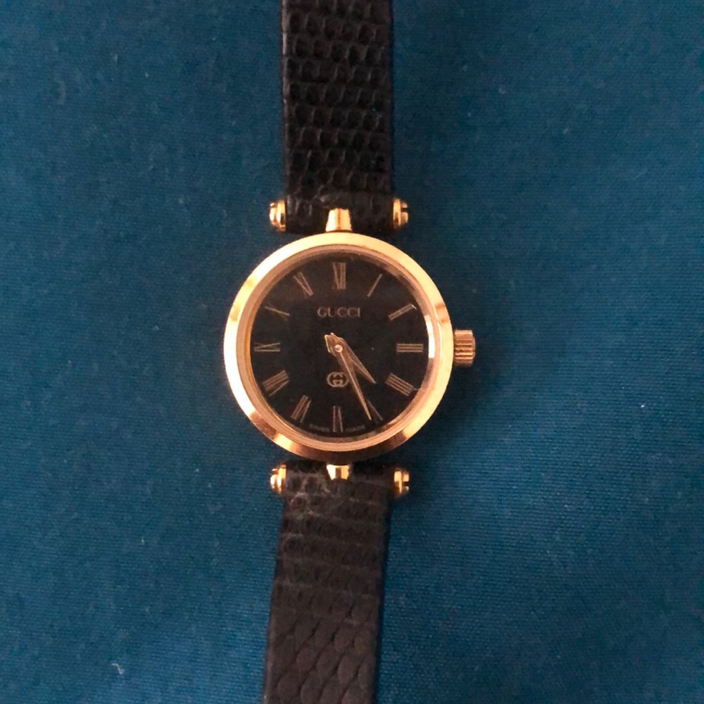 Gucci Black and Gold Leather Bracelet Watch